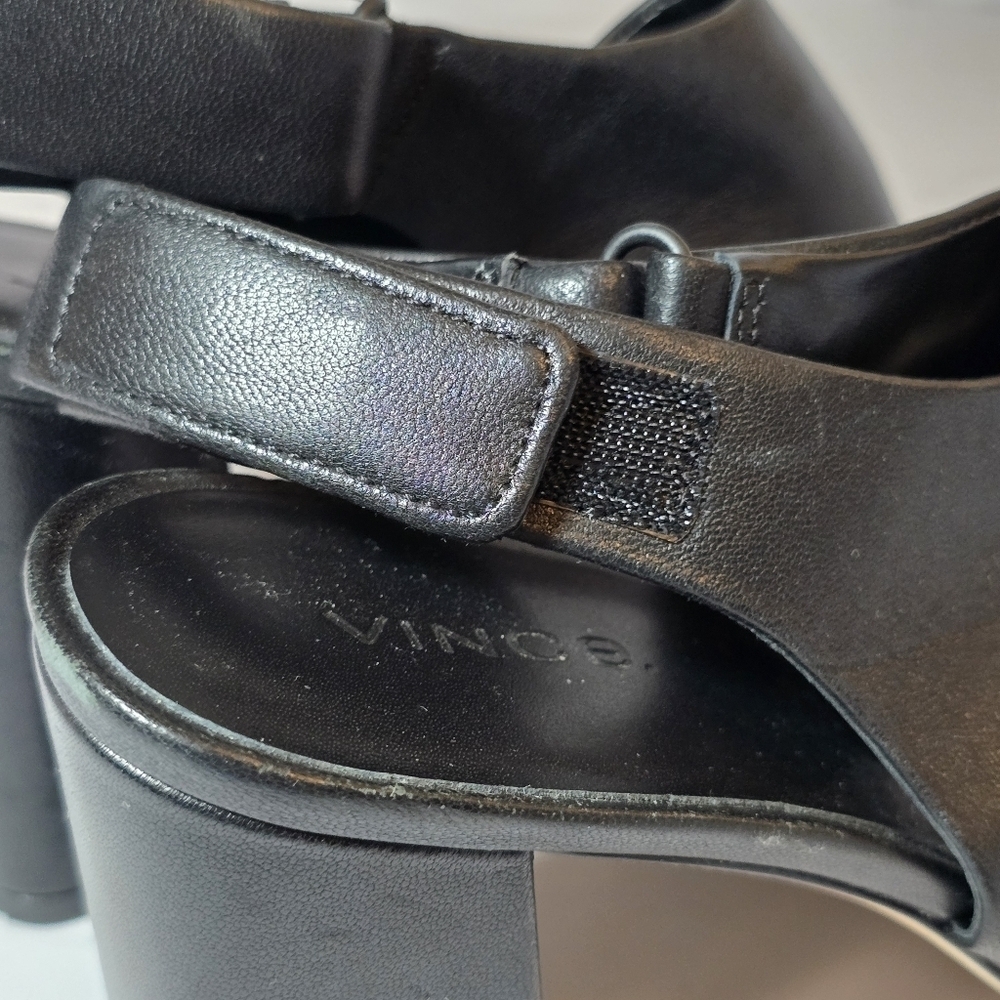 Vince. Black Leather Open Toe Stack Heel Sandals Square Toe Shoes, sz 8 - Picture 3 of 11